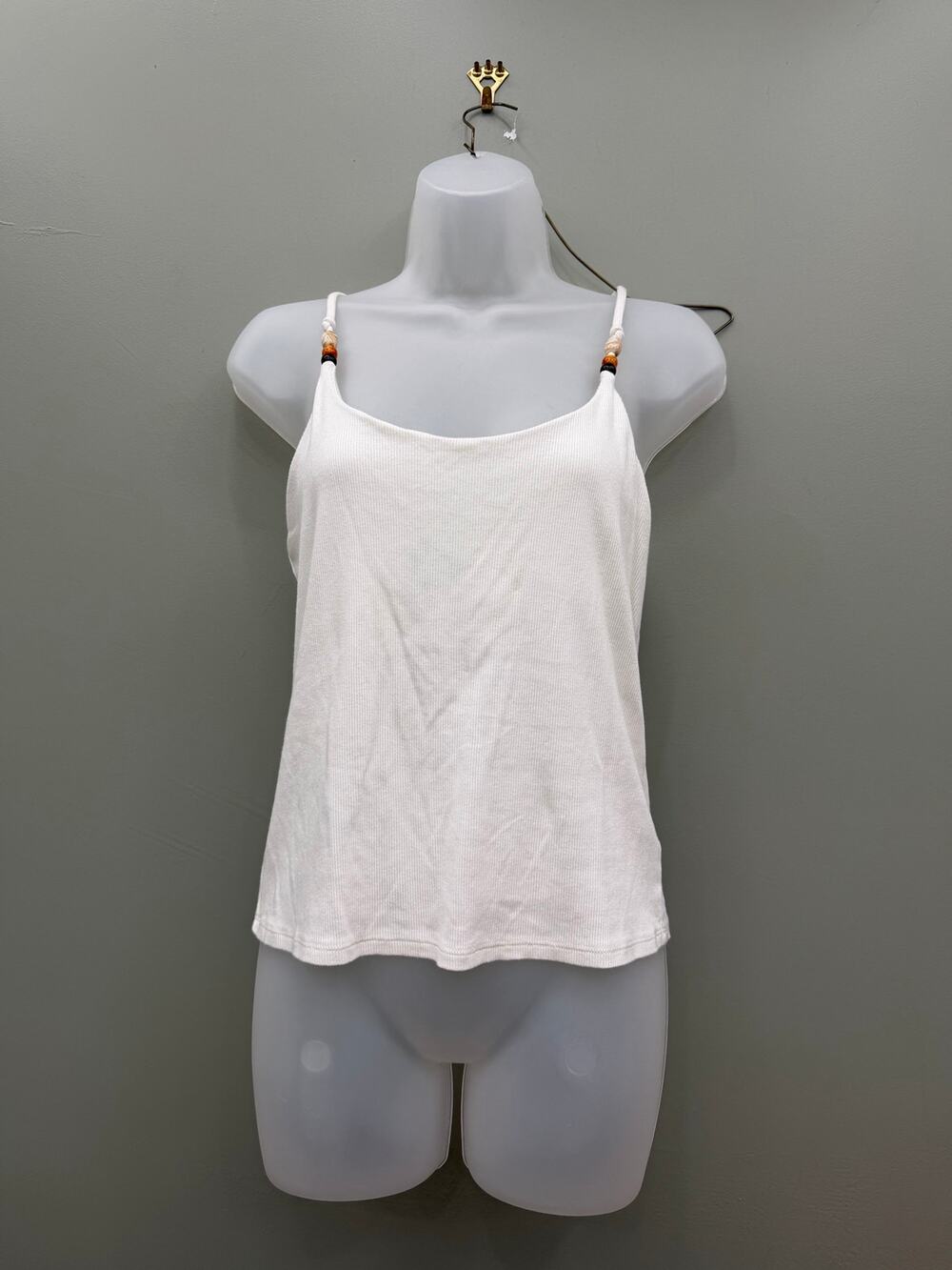 A New Day White Ribbed Beaded Cami Medium Criss Cross Back Coastal Boho